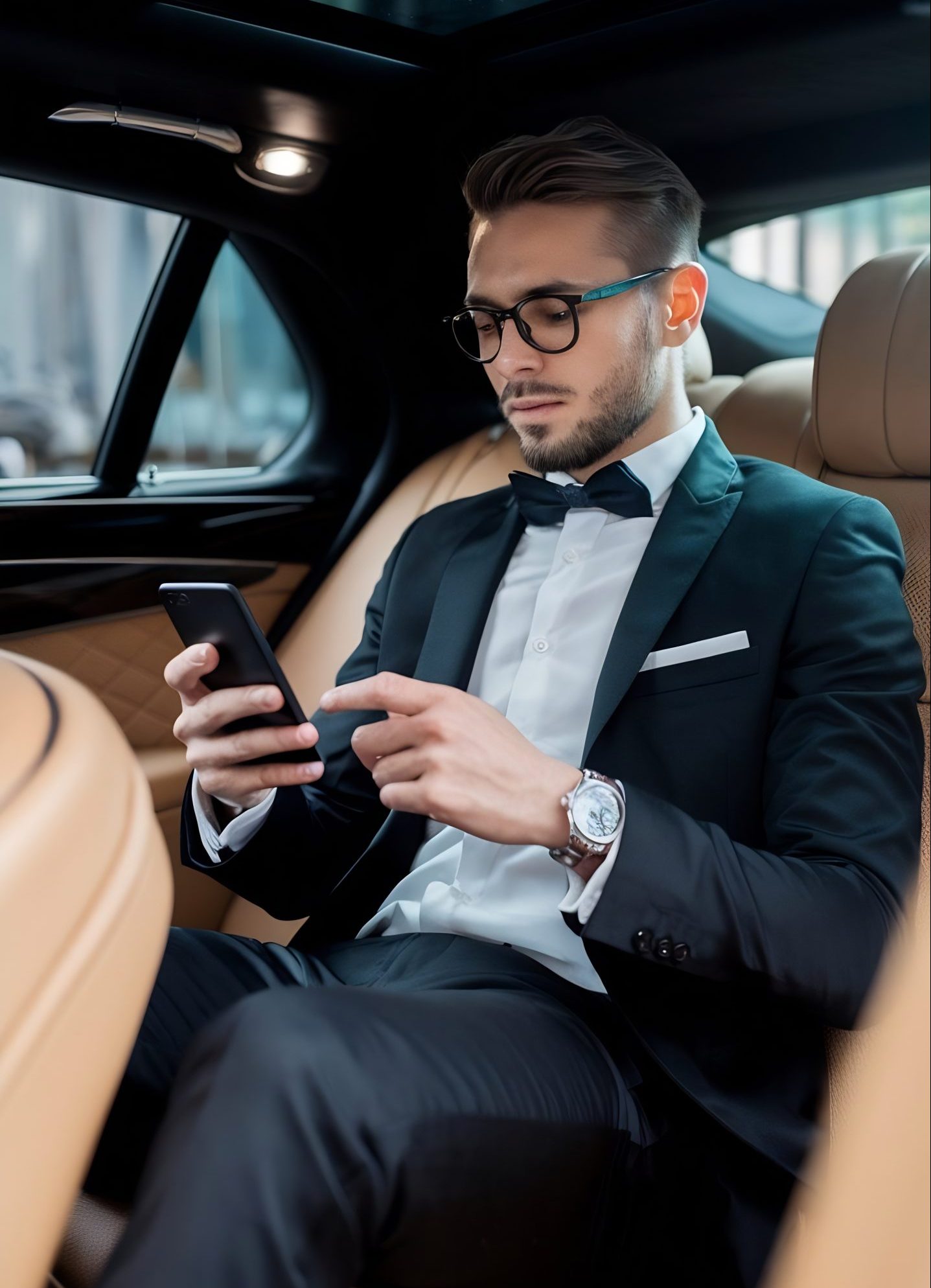 young-elegant-businessman-sitting-back-seat-luxury-car-using-smartphone